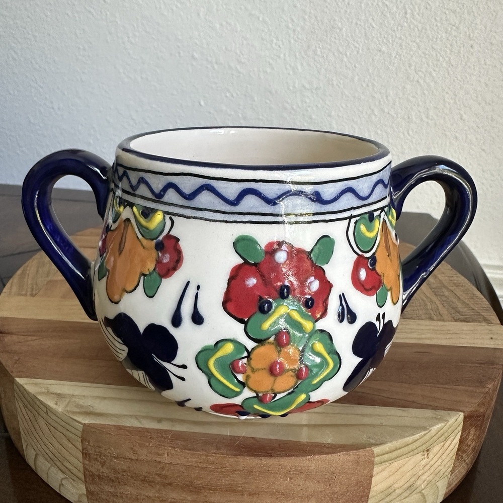 Talavera Mexican Pottery Sugar Bowl  3.7 Inch Two-Handle‎ Multicolor Floral